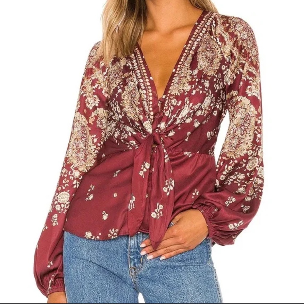 Free People Floral Burgundy tie and button long sleeve